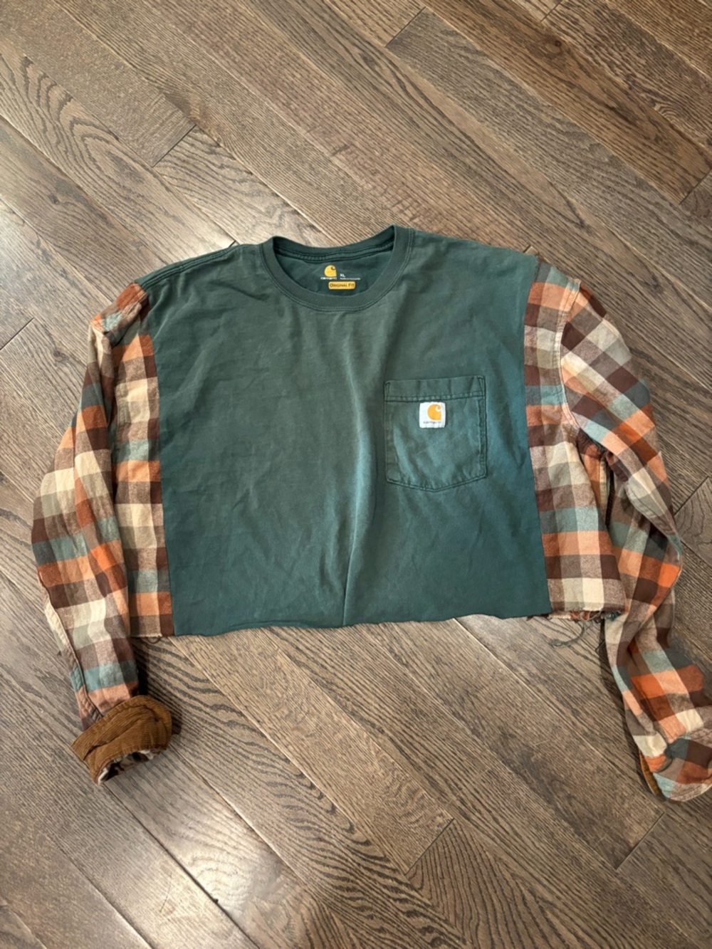 Carhartt Green Crop Tee with Plaid Flannel Sleeves Handmade One of a kind